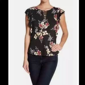 Bobeau Flutter Sleeve See Thru V Neck Tee Floral Size XL